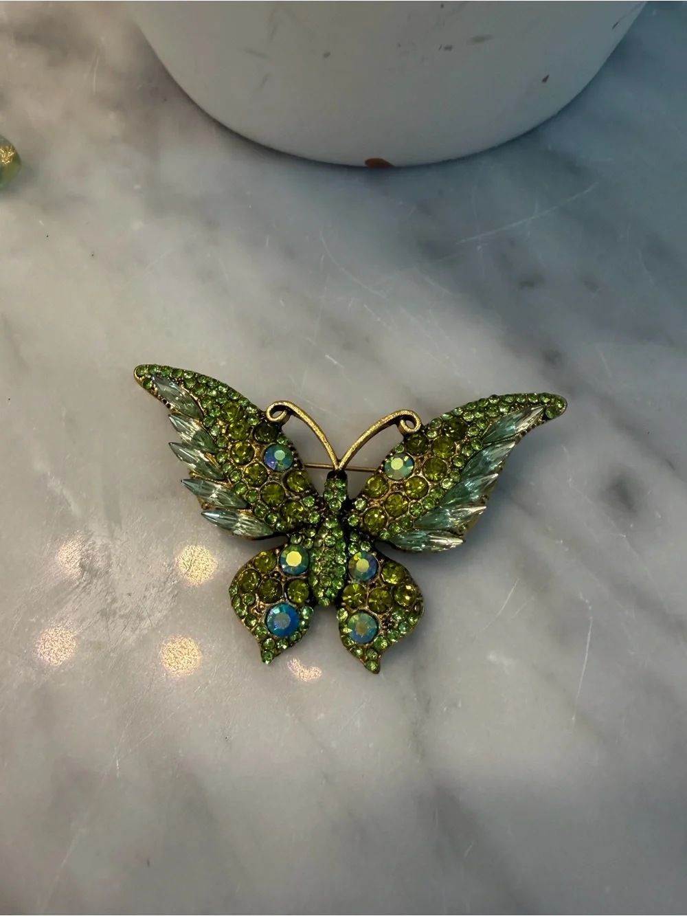Vintage Green Rhinestone Butterfly Brooch Pin Aurora Borealis Enamel Style